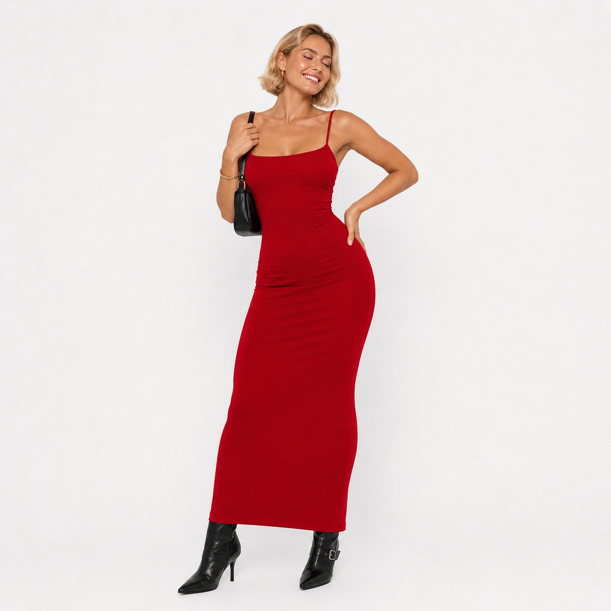 Damen Bodycon Maxikleid Rot Unifarben - Figurbetont Spaghettiträger Elegant - Rosesamour