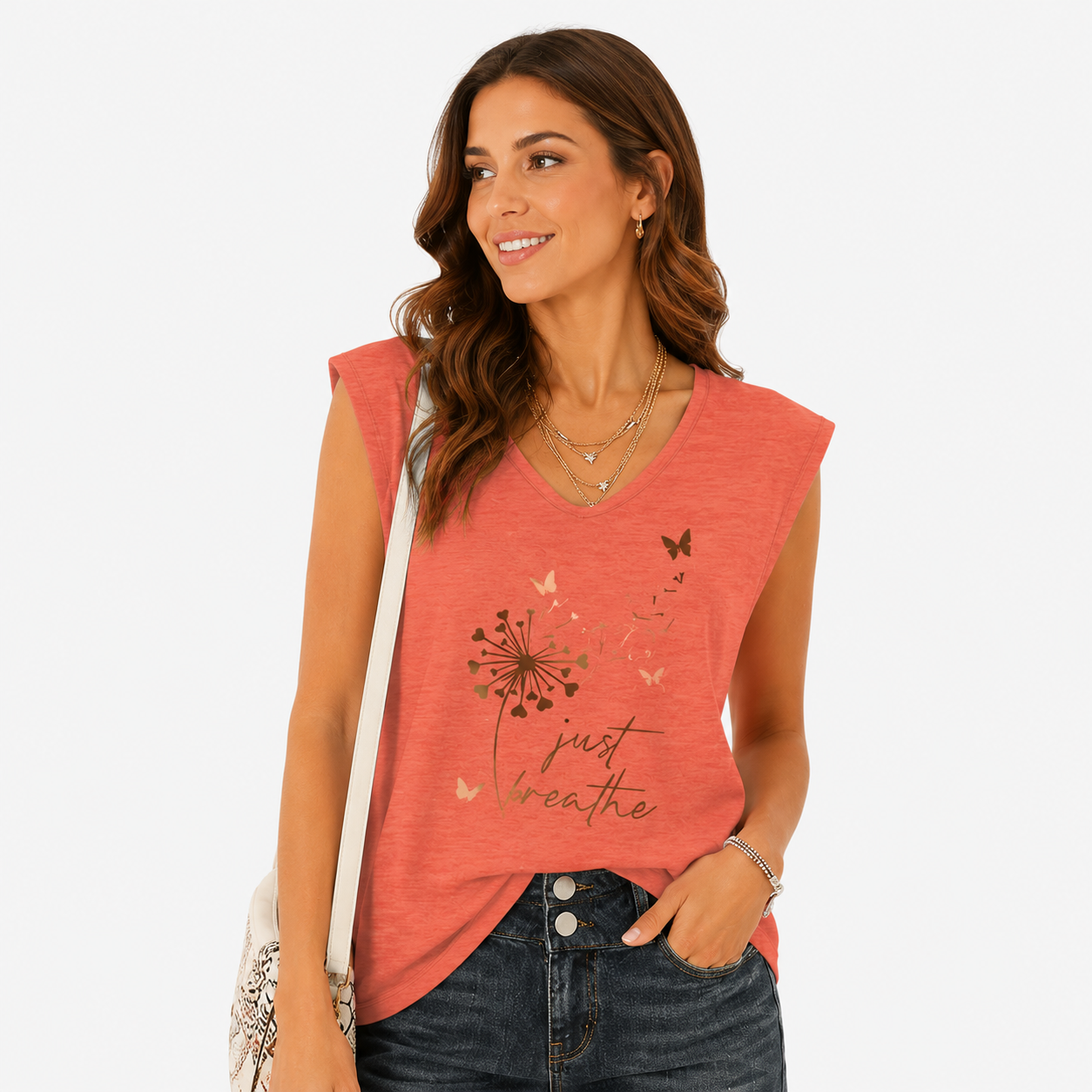 Damen V Ausschnitt Top Koralle - Lockere Passform Sommer Print Look - Rosesamour