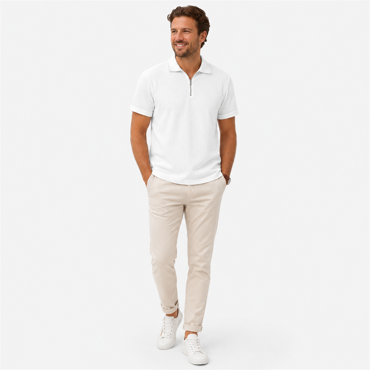 Herren Polo Shirt Weiß Jacquard - Moderne Passform Sommer Freizeit Look - Rosesamour