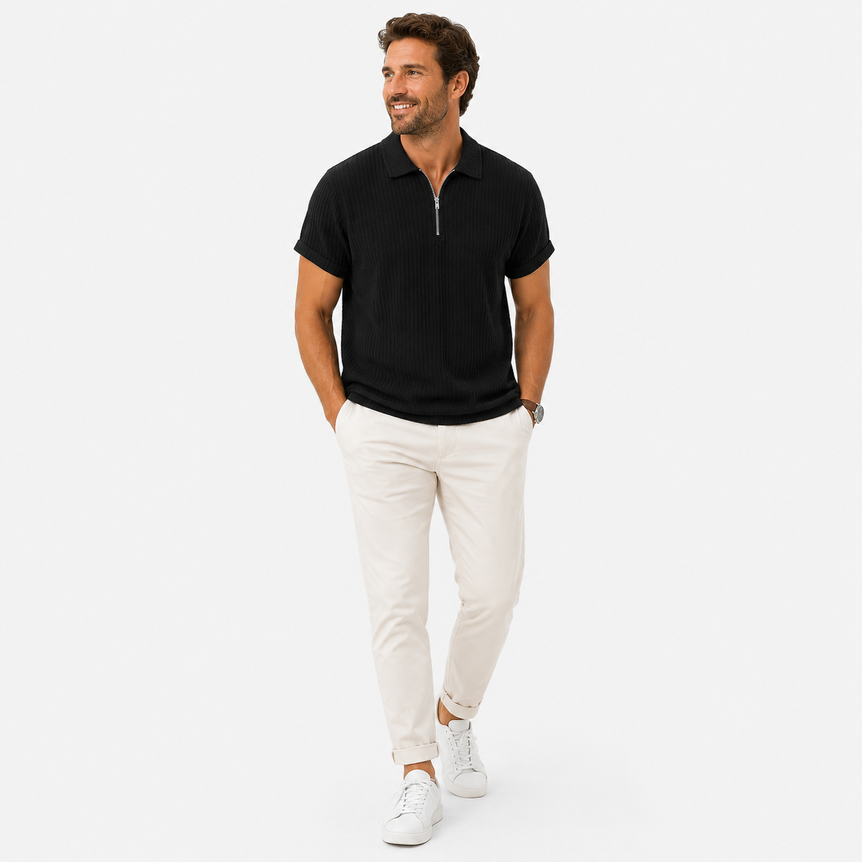 Herren Polo Shirt Schwarz Jacquard - Moderne Passform Sommer Freizeit Look - Rosesamour