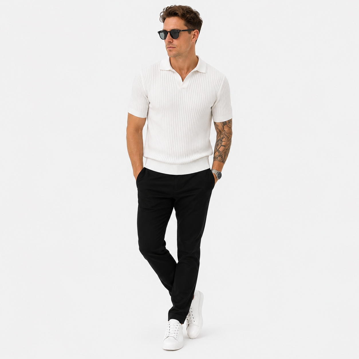 Herren Polo Strickshirt Weiß Gerippt - Moderne Passform Sommer Freizeit Look - Rosesamour