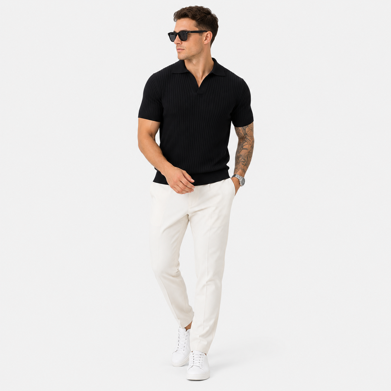 Herren Polo Strickshirt Schwarz Gerippt - Moderne Passform Sommer Freizeit Look - Rosesamour