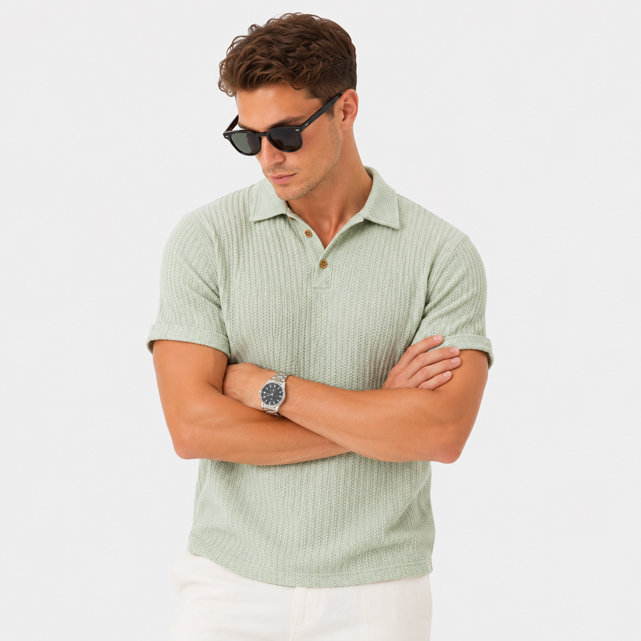 Herren Polo Shirt Grün Jacquard - Moderne Passform Sommer Freizeit Look - Rosesamour