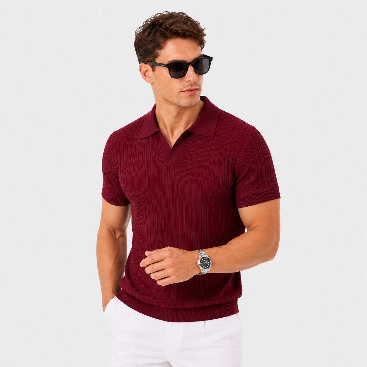 Herren Polo Shirt Weinrot Gerippt - Elegante Passform Sommer Freizeit Look - Rosesamour