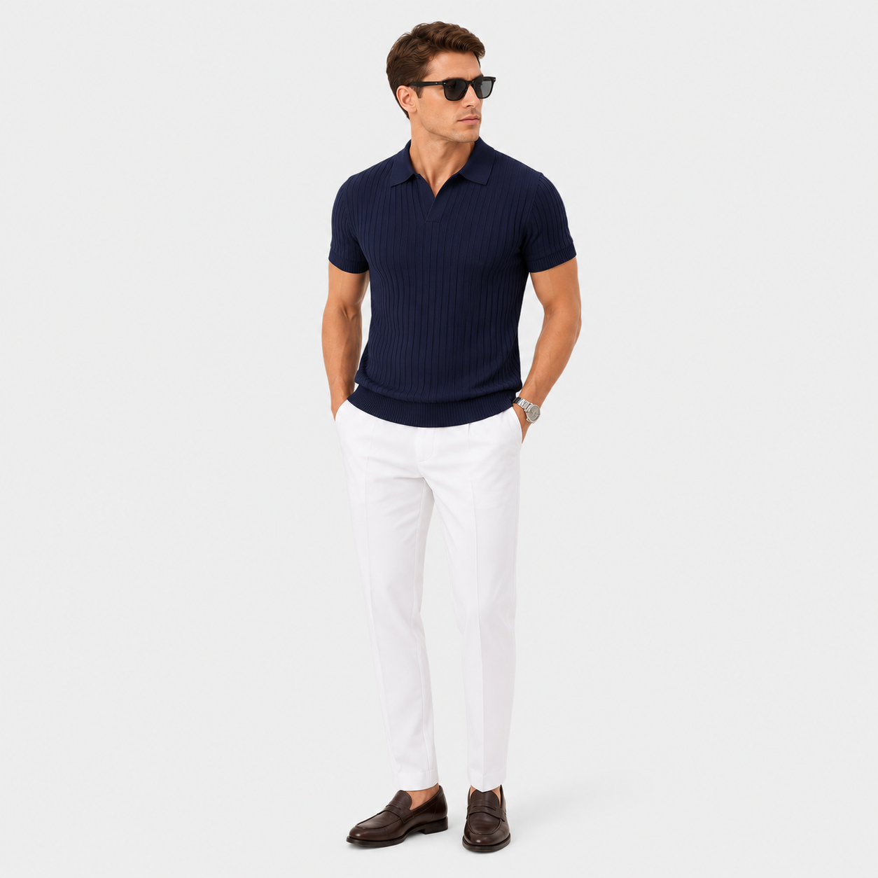 Herren Polo Shirt Navy Gerippt - Moderne Passform Sommer Eleganz Look - Rosesamour