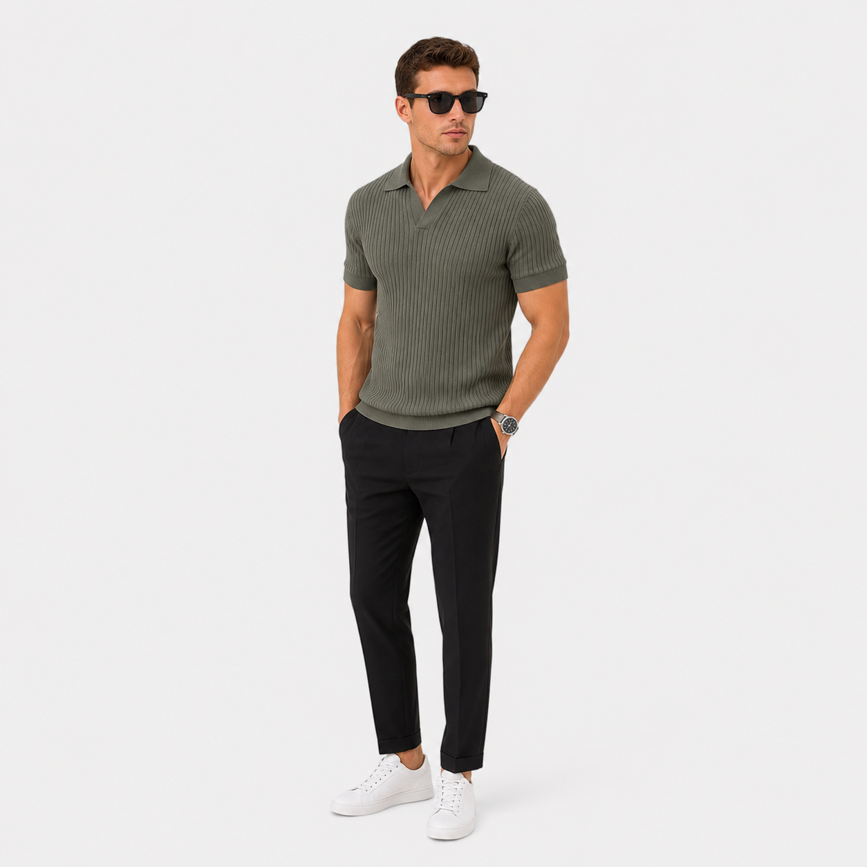 Herren Polo Shirt Olivgrün Gerippt - Moderne Passform Sommer Freizeit Look - Rosesamour