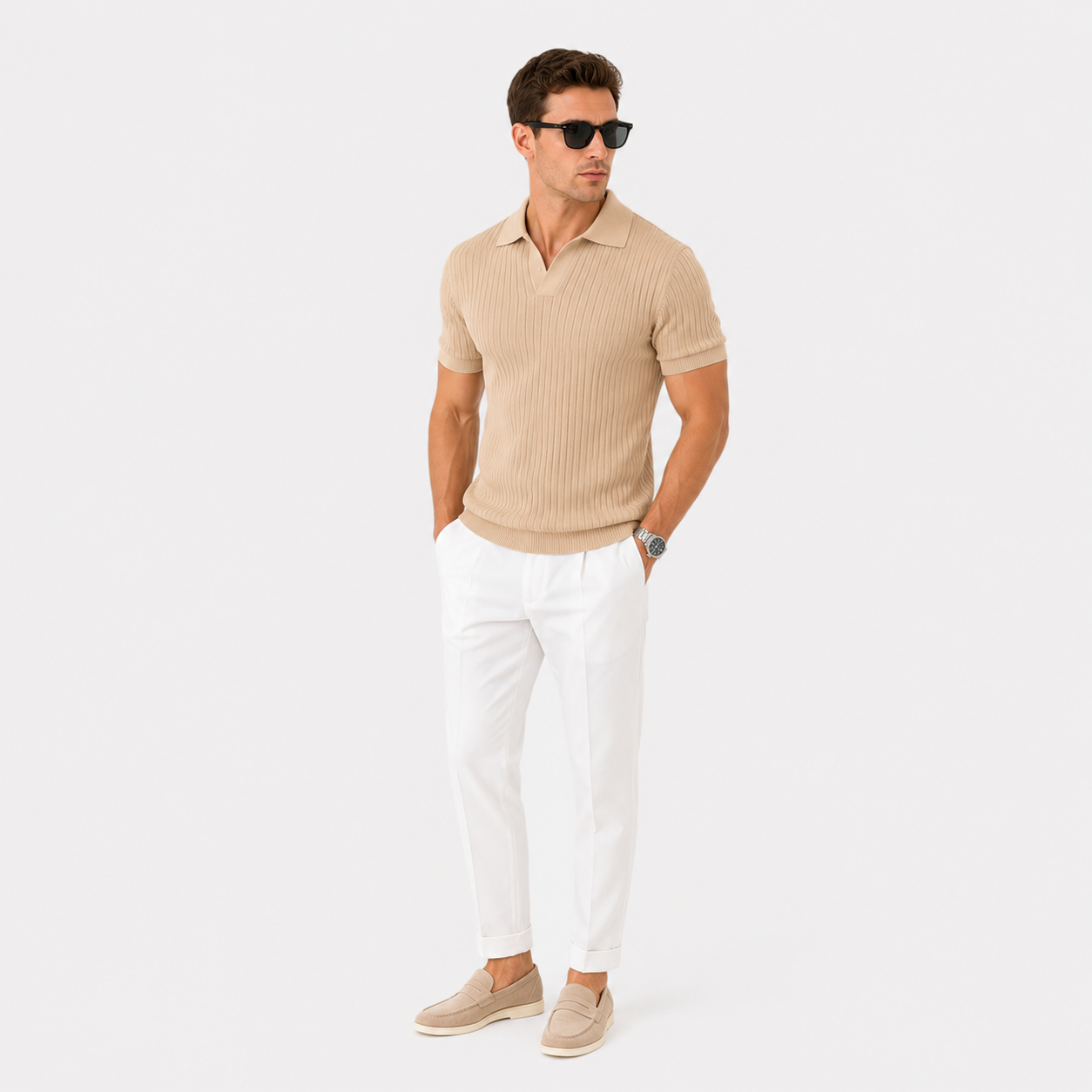 Herren Polo Shirt Beige Gerippt - Moderne Passform Sommer Freizeit Look - Rosesamour