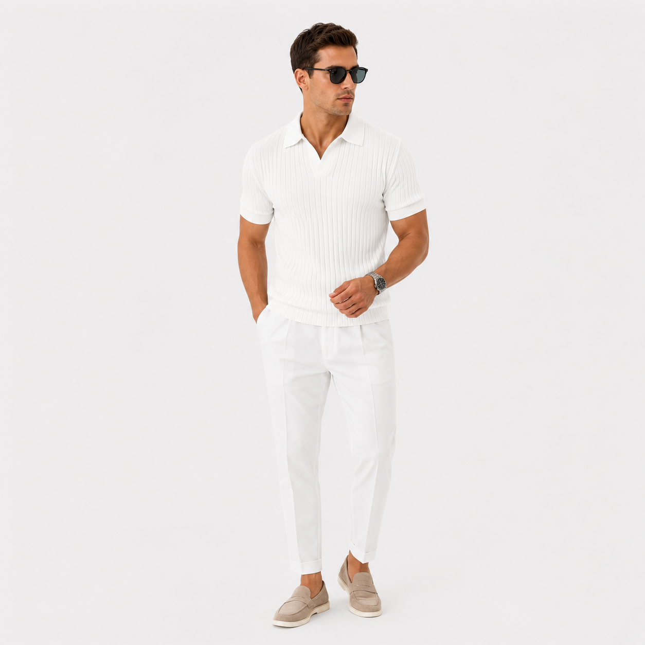 Herren Polo Shirt Weiß Gerippt - Moderne Passform Sommer Eleganz Look - Rosesamour
