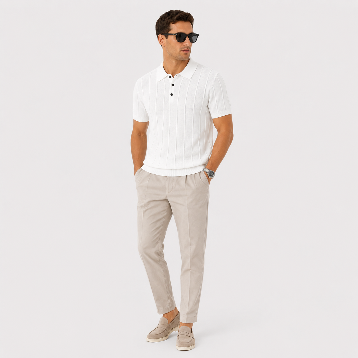 Herren Luxus Strick Polo Shirt Weiß - Elegante Passform Sommer Freizeit Look - Rosesamour