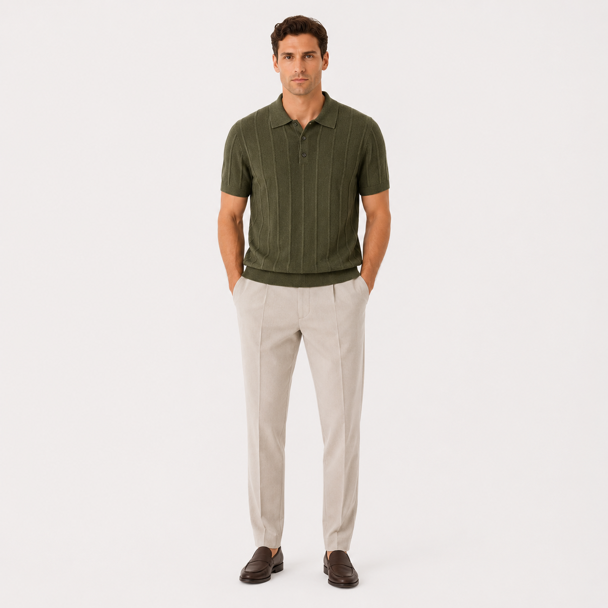 Herren Luxus Strick Polo Shirt Olivgrün - Elegante Passform Sommer Freizeit Look - Rosesamour