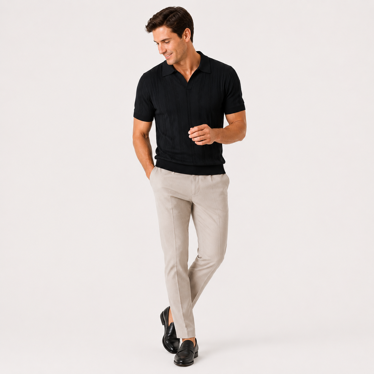 Herren Strick Polo Shirt Schwarz - Elegante Passform Sommer Freizeit Look - Rosesamour