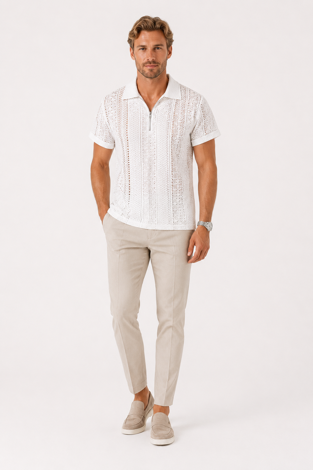 Herren Jacquard Polo Shirt Weiß - Elegante Passform Sommer Freizeit Look - Rosesamour