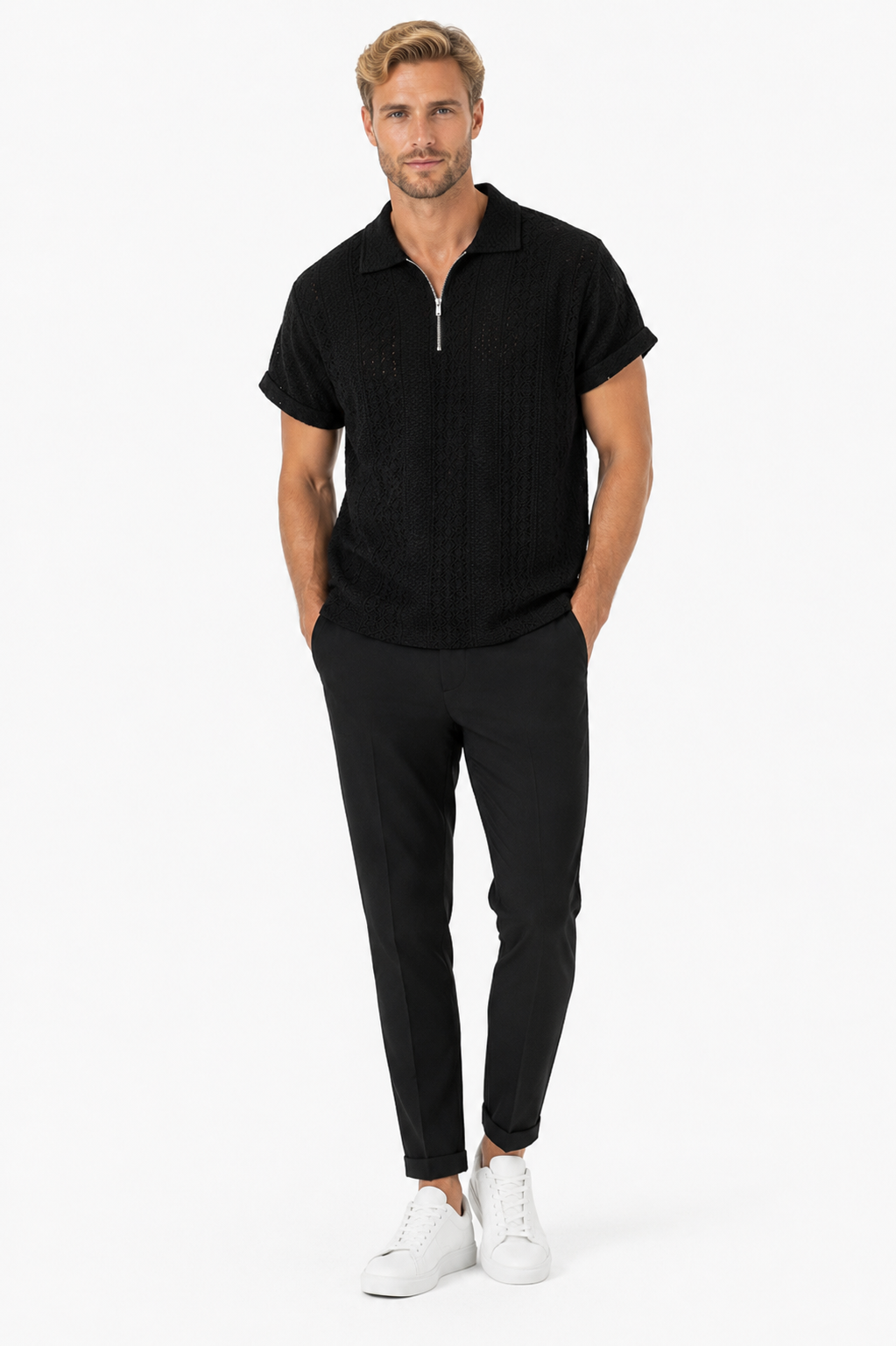Herren Jacquard Polo Shirt Schwarz - Elegante Passform Sommer Freizeit Look - Rosesamour