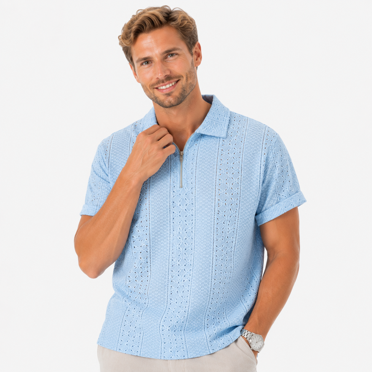Herren Jacquard Polo Shirt Hellblau - Elegante Passform Sommer Freizeit Look - Rosesamour
