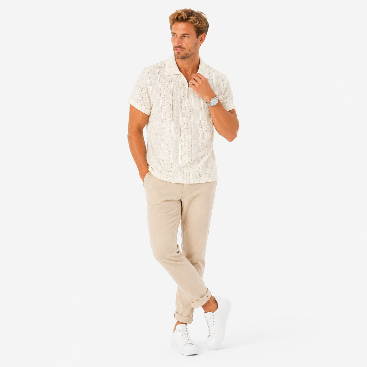 Herren Jacquard Polo Shirt Beige - Elegante Passform Sommer Freizeit Look - Rosesamour