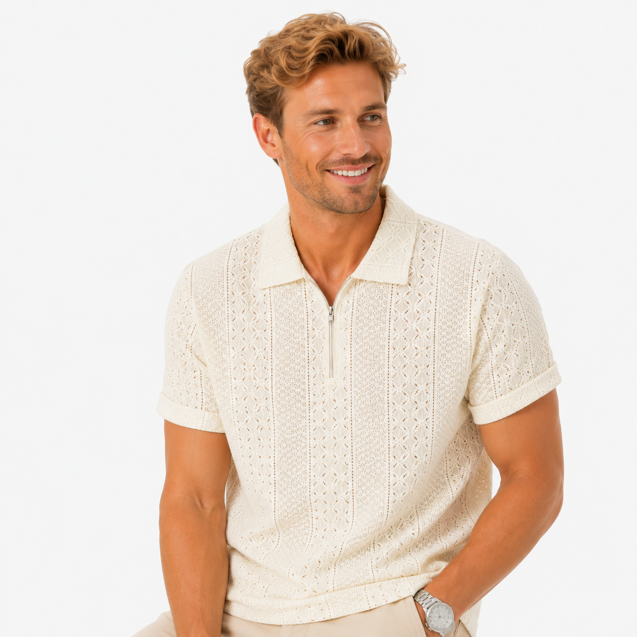 Herren Jacquard Polo Shirt Beige - Elegante Passform Sommer Freizeit Look - Rosesamour