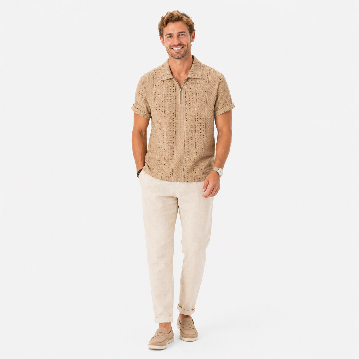 Herren Jacquard Polo Shirt Braun - Elegante Passform Sommer Freizeit Look - Rosesamour