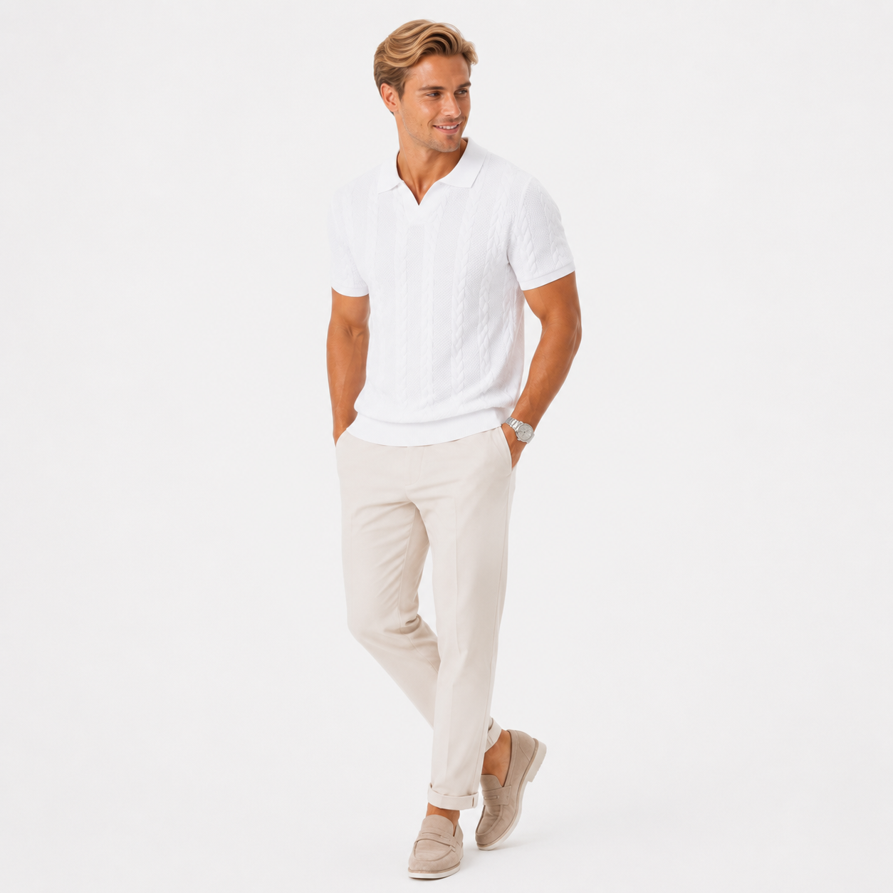 Herren Jacquard Strick Shirt Weiß - Elegante Passform Sommer Freizeit Look - Rosesamour