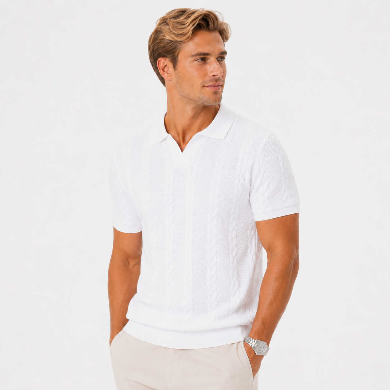 Herren Jacquard Strick Shirt Weiß - Elegante Passform Sommer Freizeit Look - Rosesamour