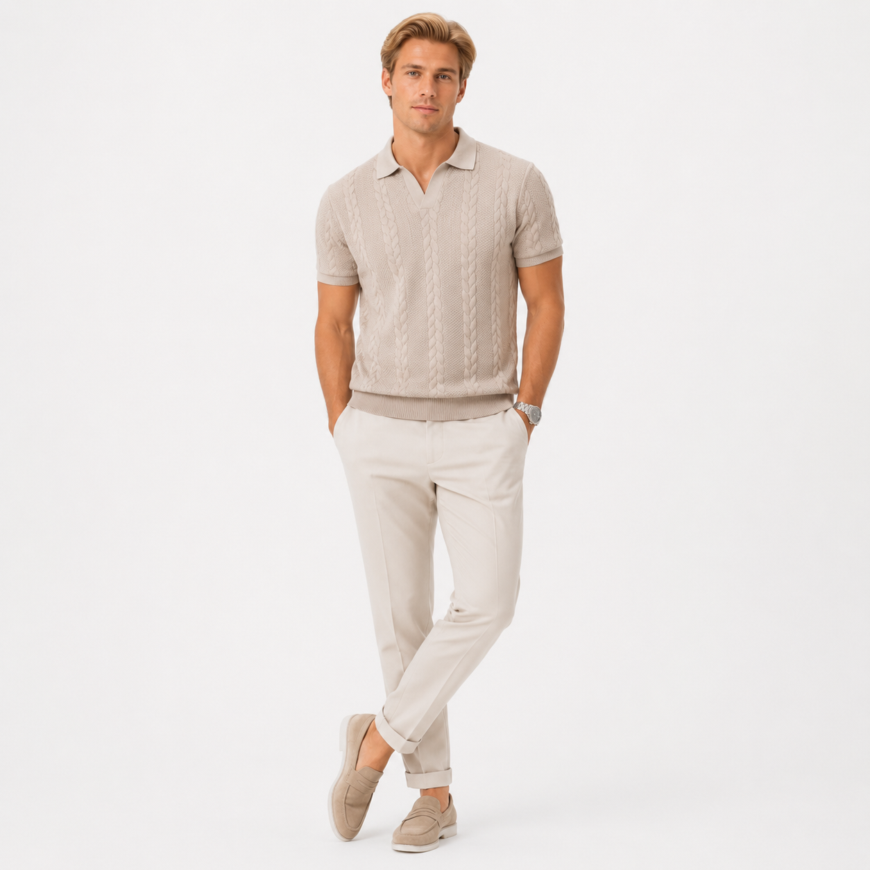 Herren Jacquard Strick Polo Apricot - Elegante Passform Sommer Freizeit Look - Rosesamour