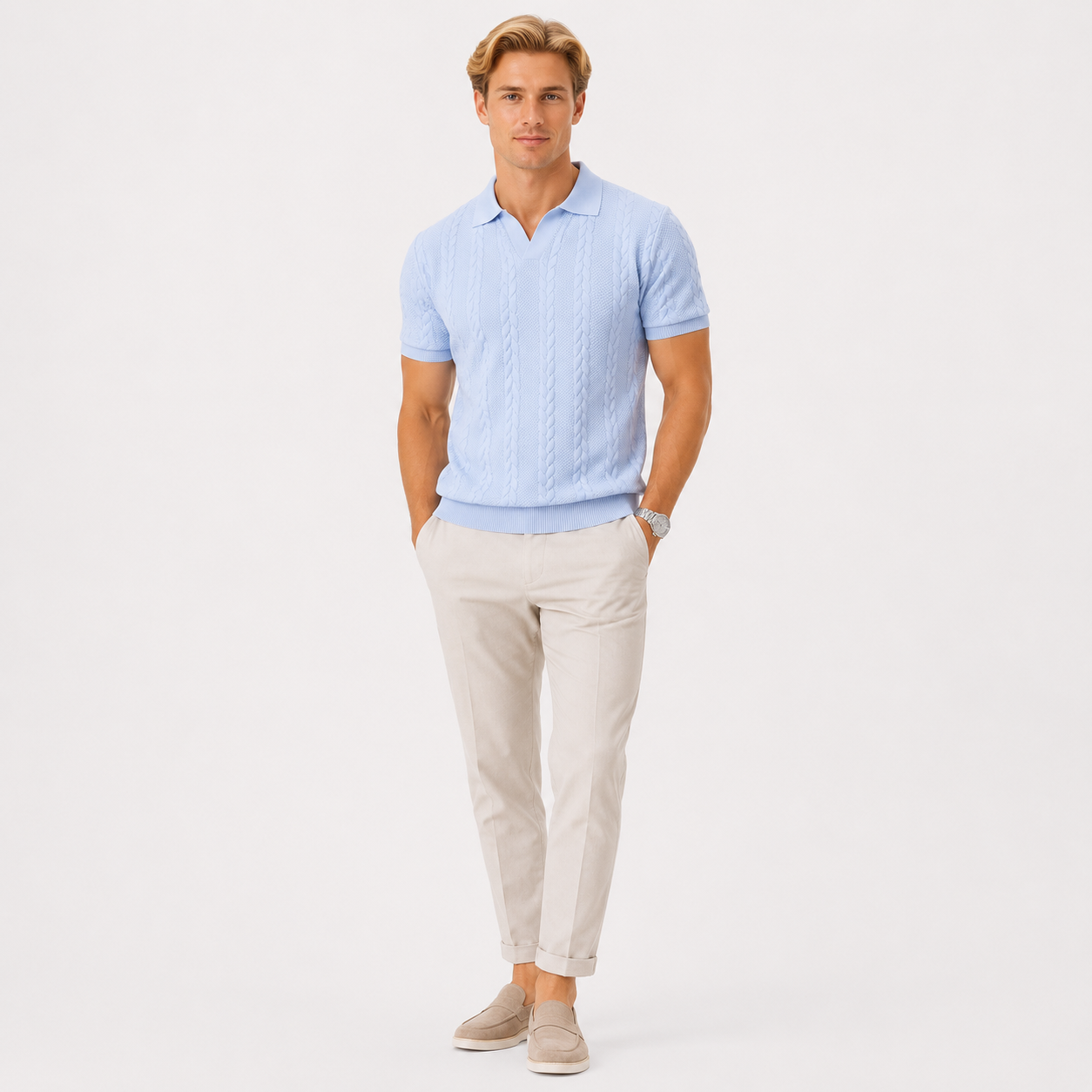Herren Jacquard Strick Polo Hellblau - Elegante Passform Sommer Freizeit Look - Rosesamour