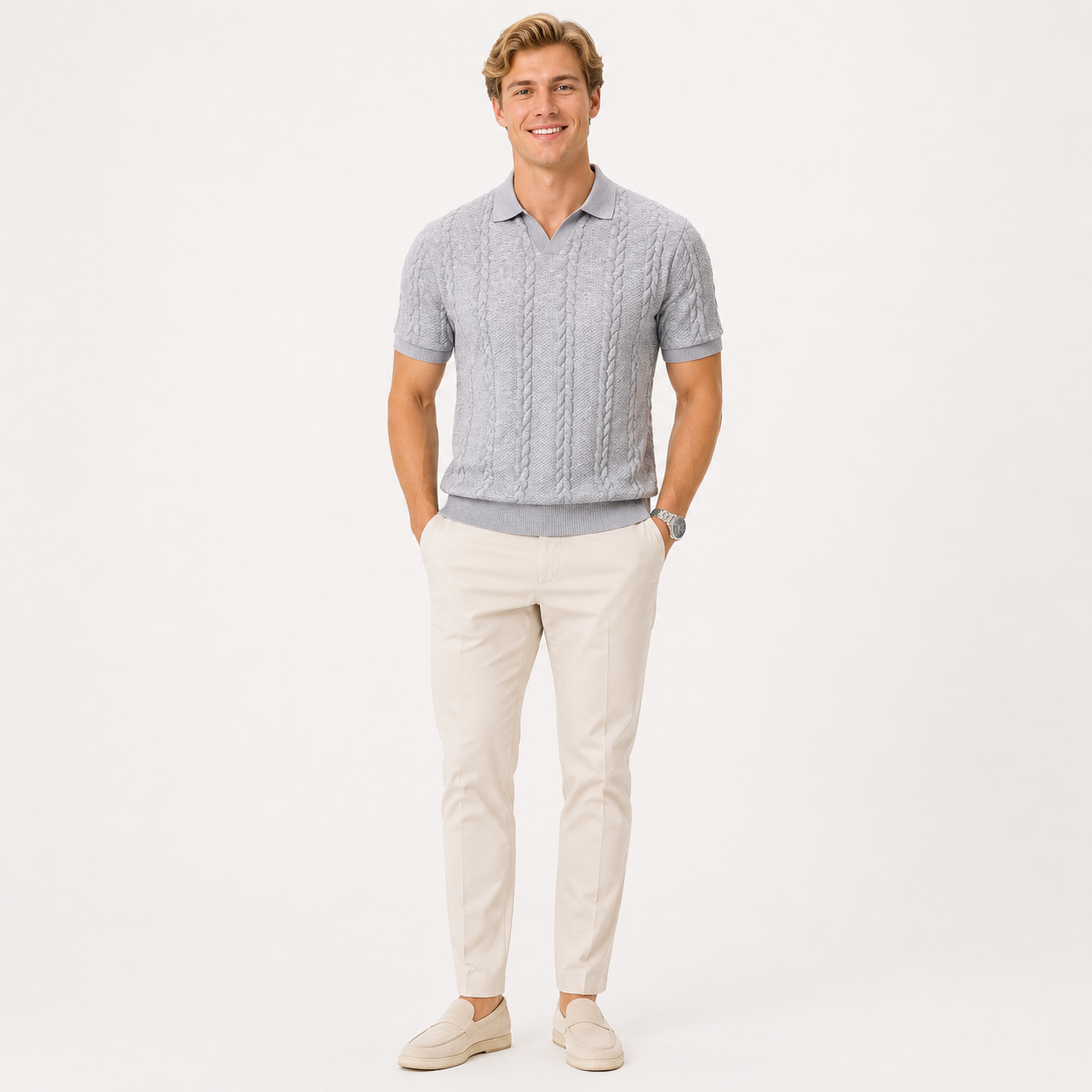 Herren Jacquard Strick Polo Grau - Elegante Passform Sommer Freizeit Look - Rosesamour