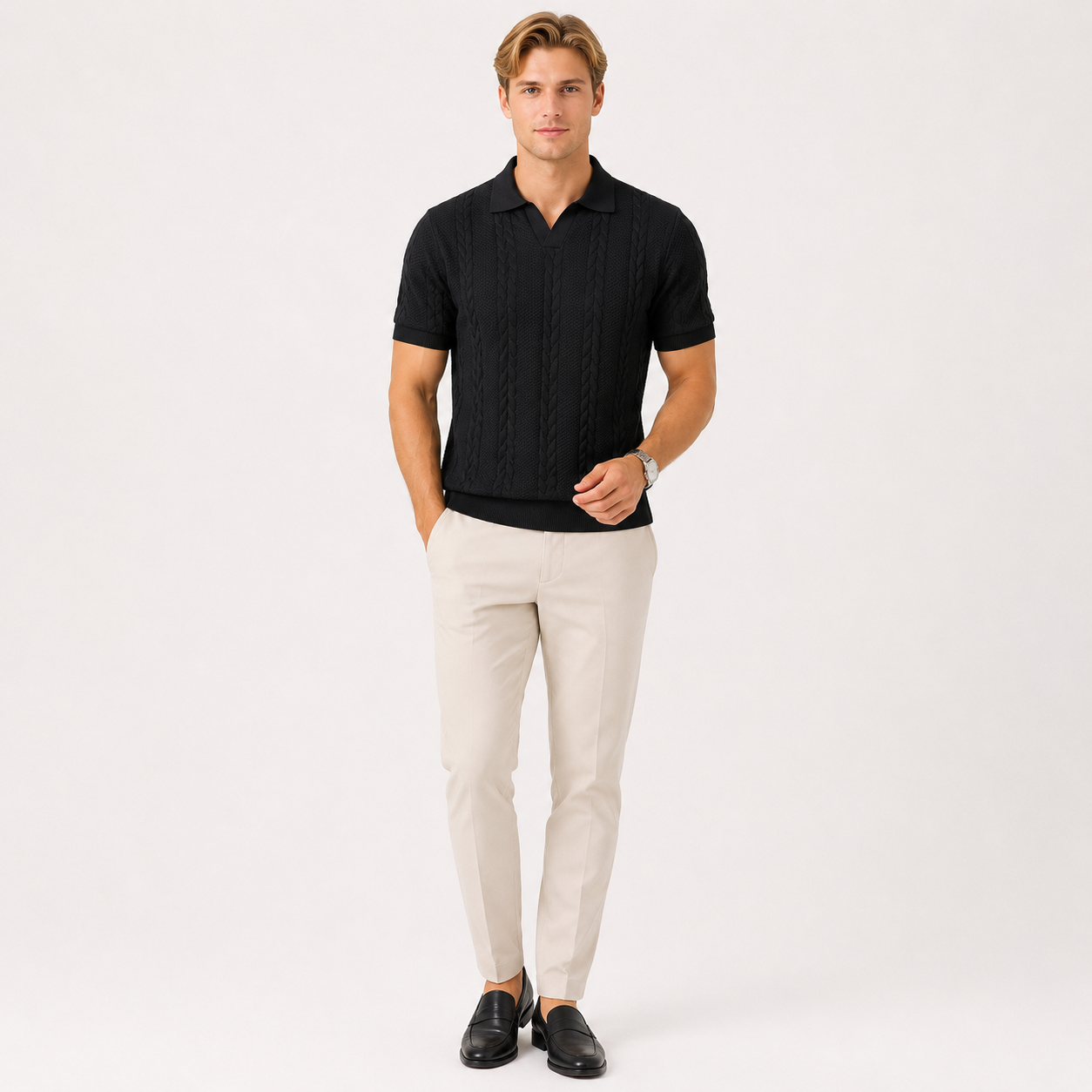 Herren Jacquard Strick Polo Schwarz - Elegante Passform Sommer Freizeit Look - Rosesamour