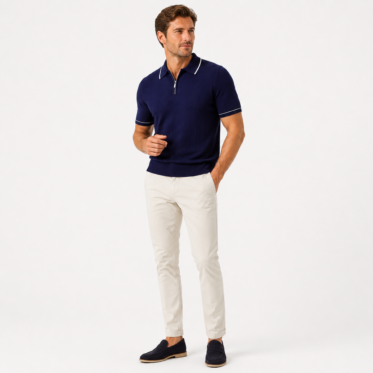 Herren Strick Polo Shirt Marineblau - Elegante Passform Business Sommer Look - Rosesamour