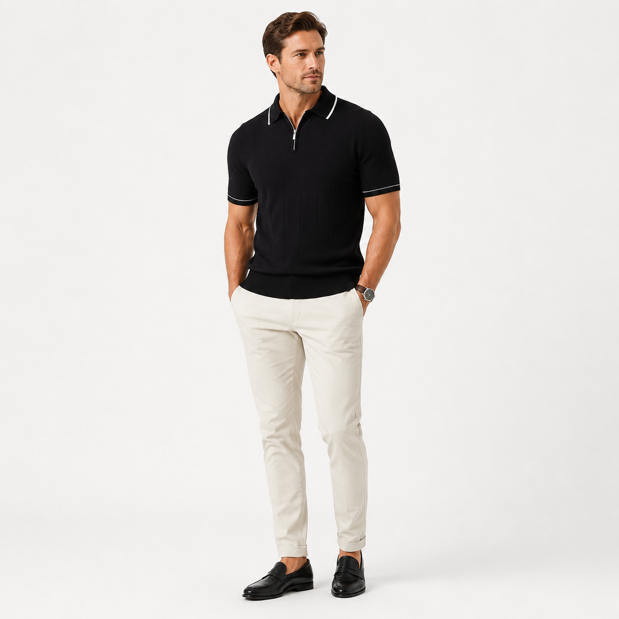 Herren Strick Polo Shirt Schwarz - Elegante Passform Business Sommer Look - Rosesamour