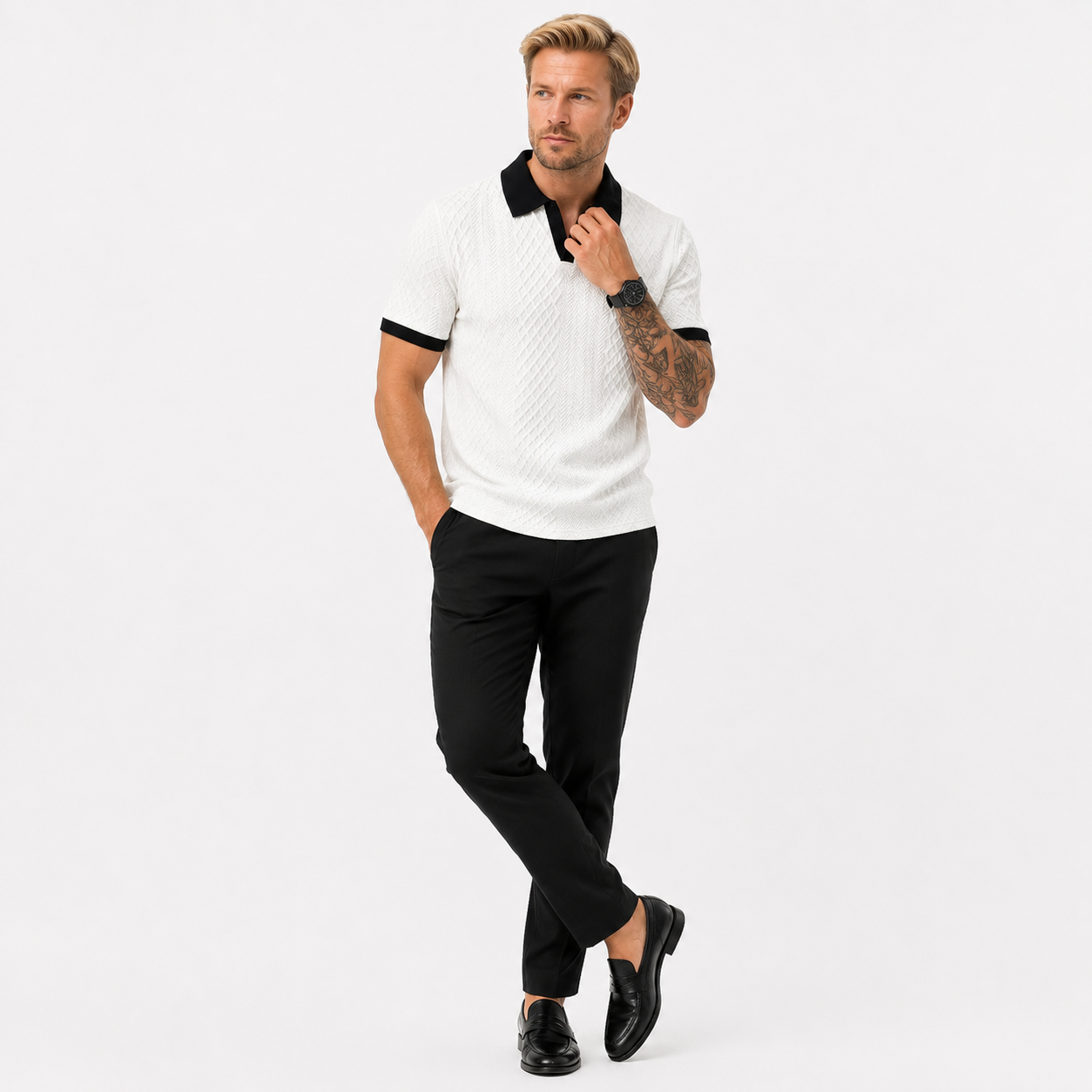 Herren Jacquard Polo Shirt Weiß Schwarz - Elegante Passform Sommer Freizeit Look - Rosesamour