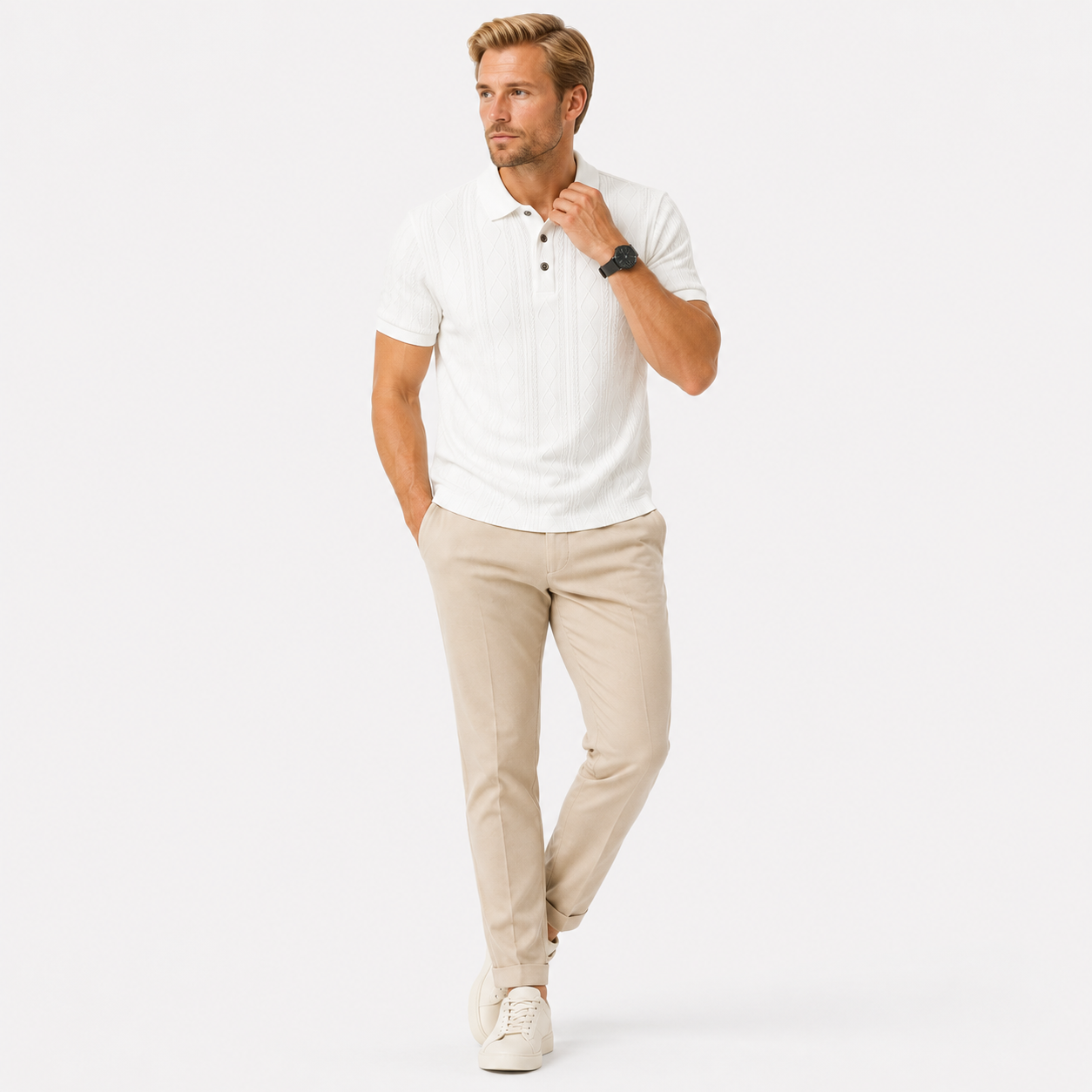 Herren Jacquard Polo Shirt Weiß - Elegante Passform Business Sommer Look - Rosesamour