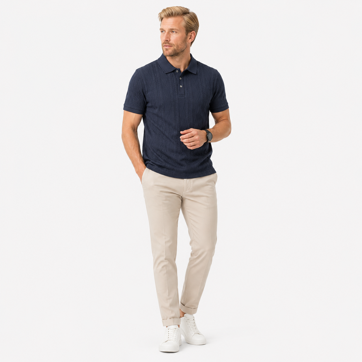 Herren Jacquard Polo Shirt Marineblau - Elegante Passform Business Sommer Look - Rosesamour