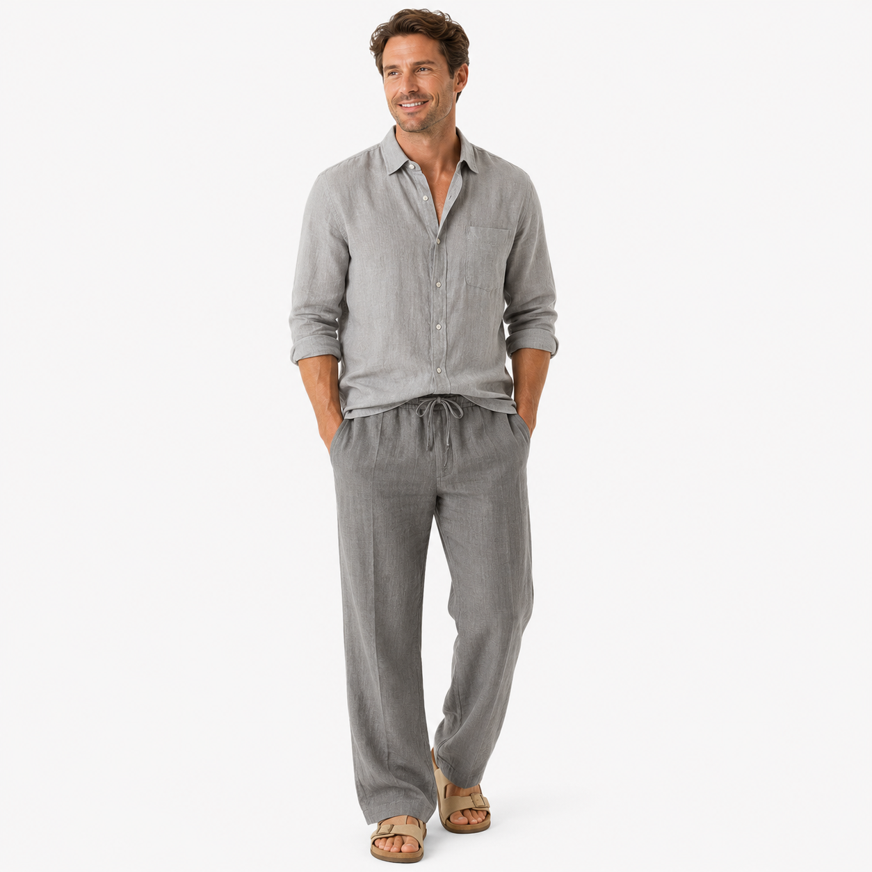 Herren Leinen Stoffhose Grau - Lockere Passform Sommer Freizeit Look - Rosesamour