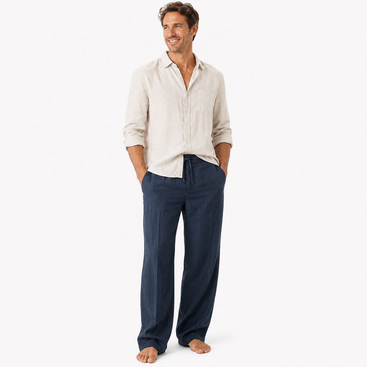 Herren Leinenhose Dunkelblau - Lockere Passform Sommer Freizeit Look - Rosesamour