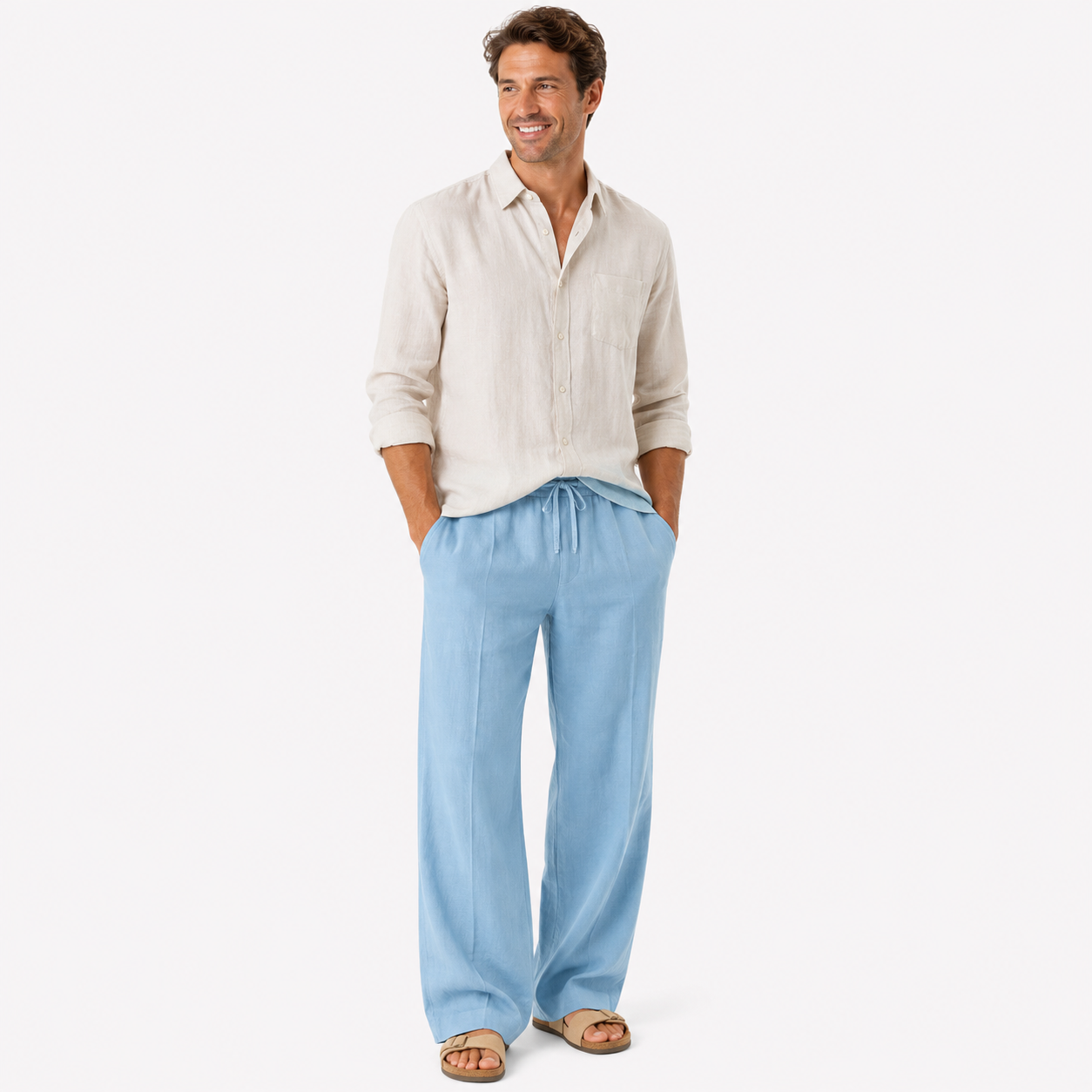 Herren Leinenhose Hellblau - Lockere Passform Sommer Freizeit Look - Rosesamour