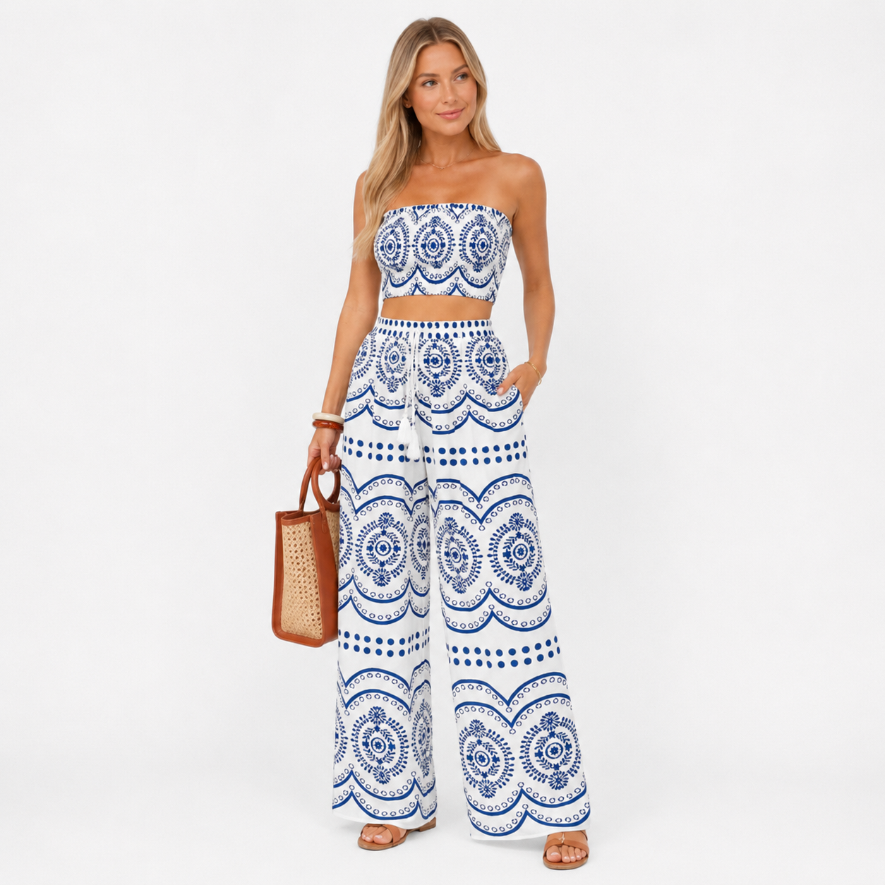 Damen Boho Sommer Set Blau Weiß - Lockere Passform Urlaub Look - Rosesamour