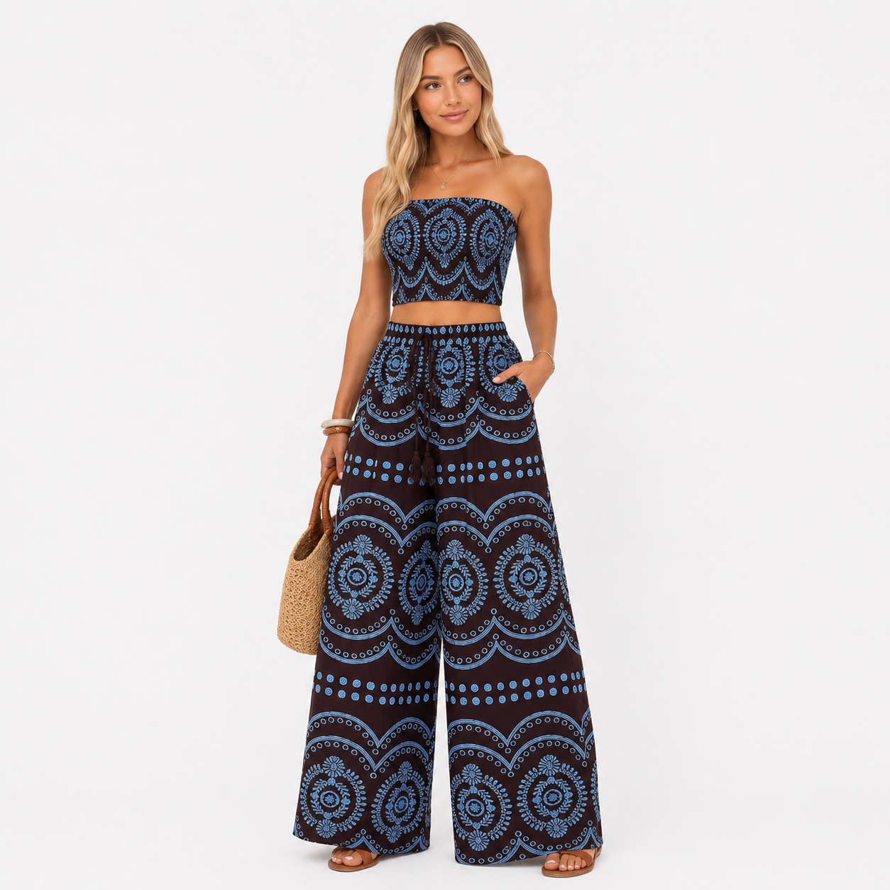 Damen Boho Sommer Set Braun - Lockere Passform Urlaub Look - Rosesamour