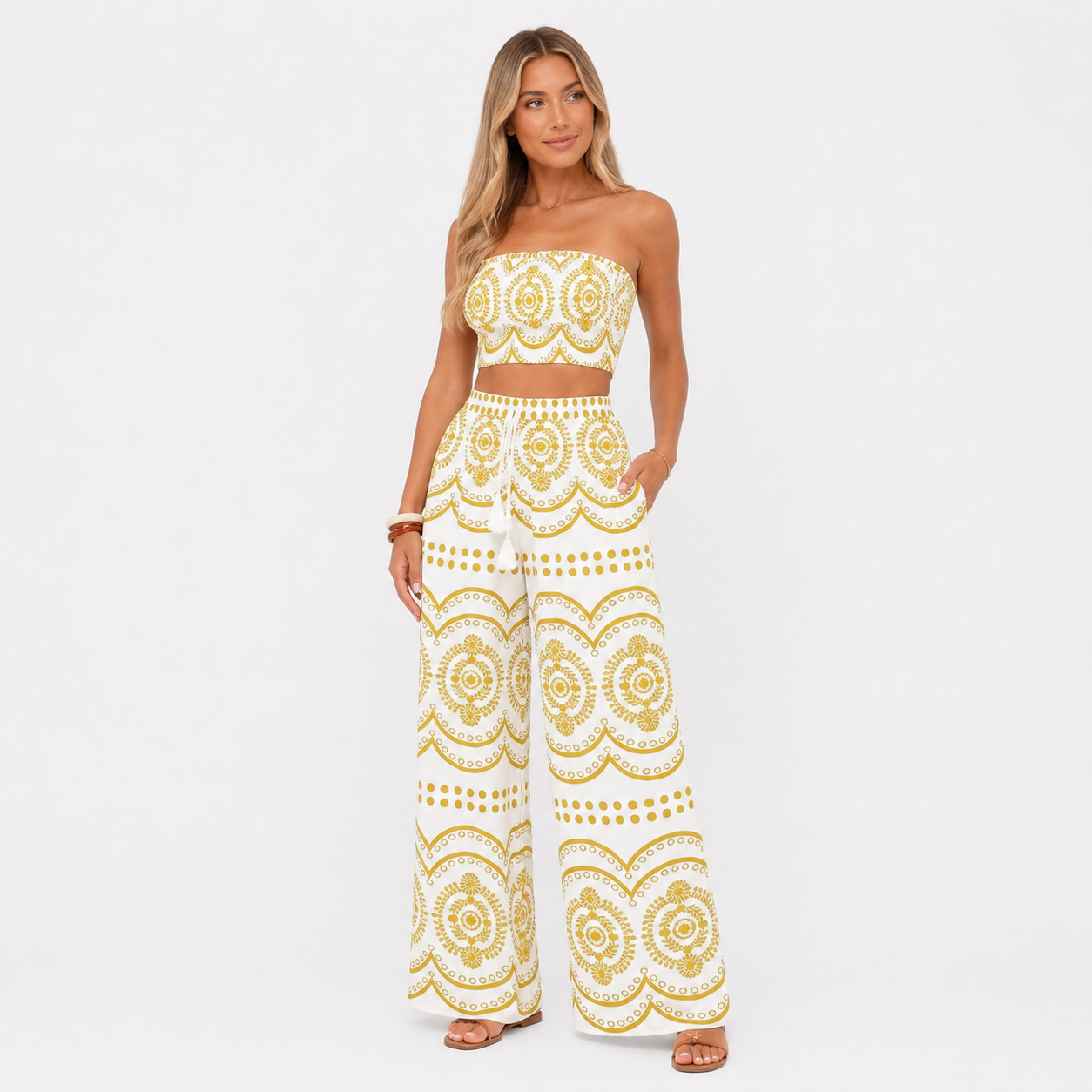 Damen Boho Sommer Set Gelb - Lockere Passform Urlaub Look - Rosesamour