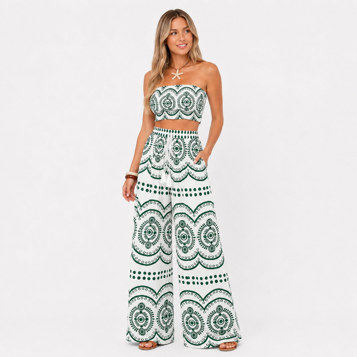 Damen Boho Sommer Set Grün - Lockere Passform Urlaub Look - Rosesamour