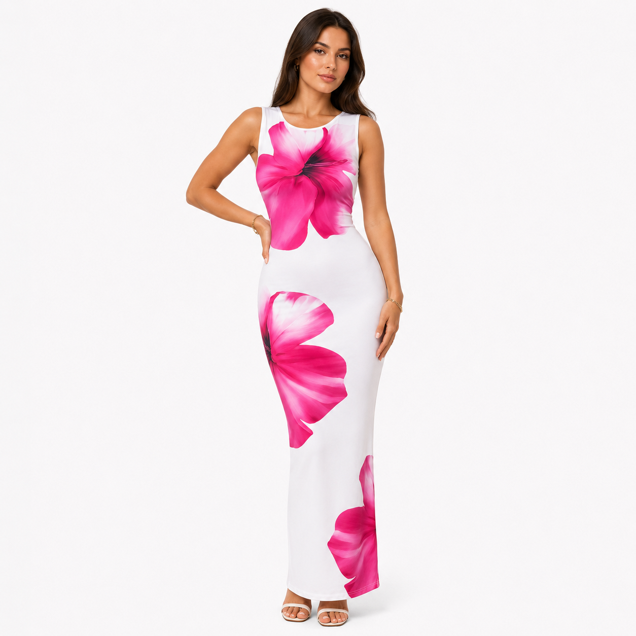 Damen Maxikleid Weiß mit Blumenprint - Figurbetonte Passform Sommer Eleganz Look - Rosesamour