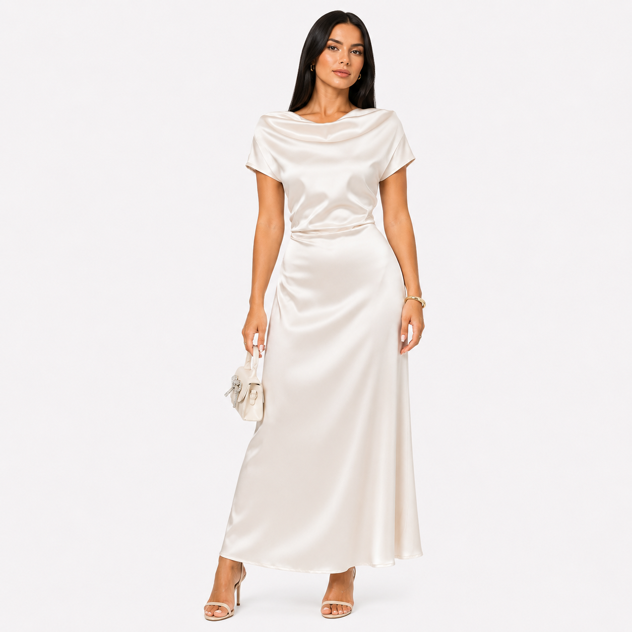 Damen Satinkleid Apricot Elegant - Fließende Passform Moderner Abend Look - Rosesamour