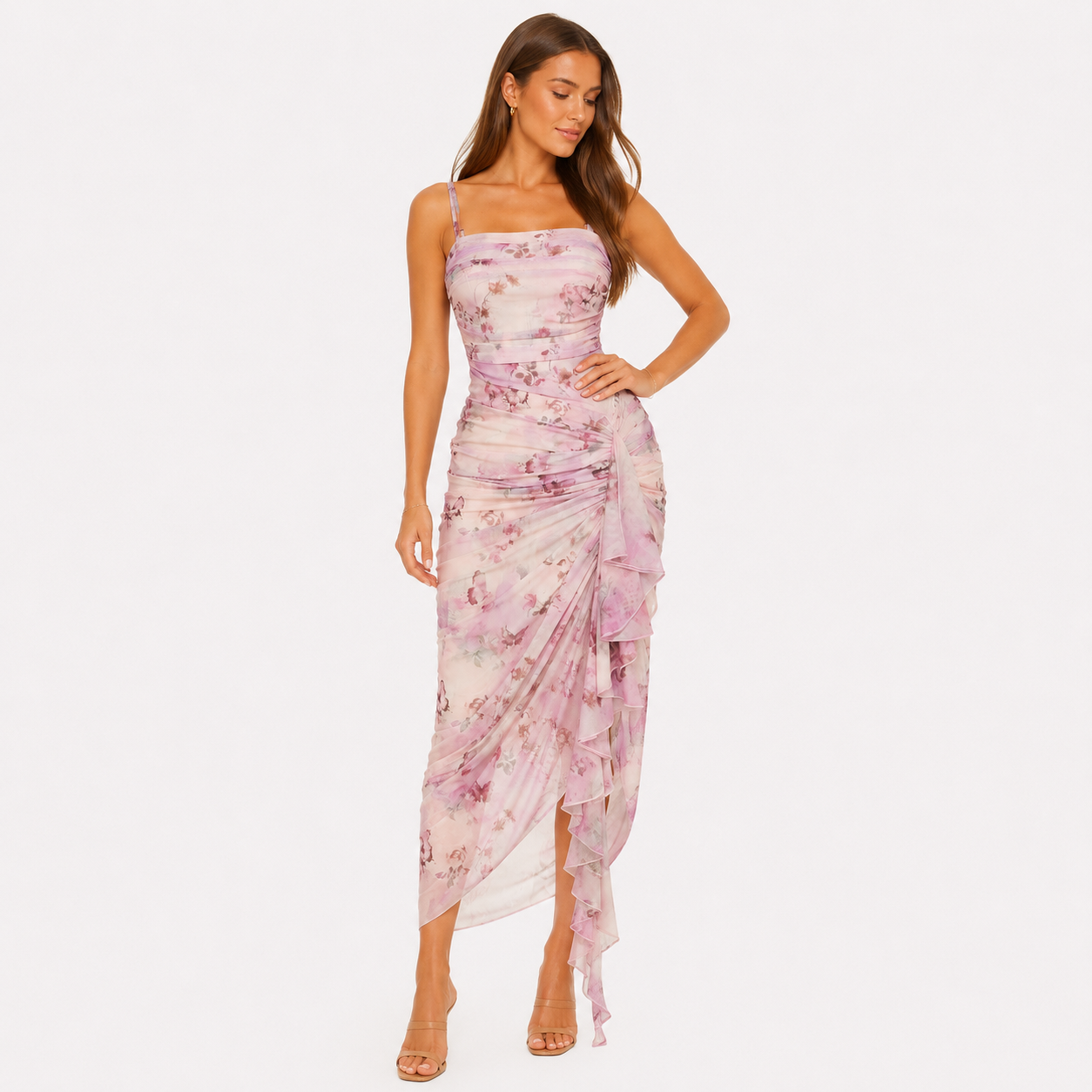 Damen Butterfly Mesh Maxikleid Rosa - Figurbetonte Passform Eleganter Sommer Look - Rosesamour