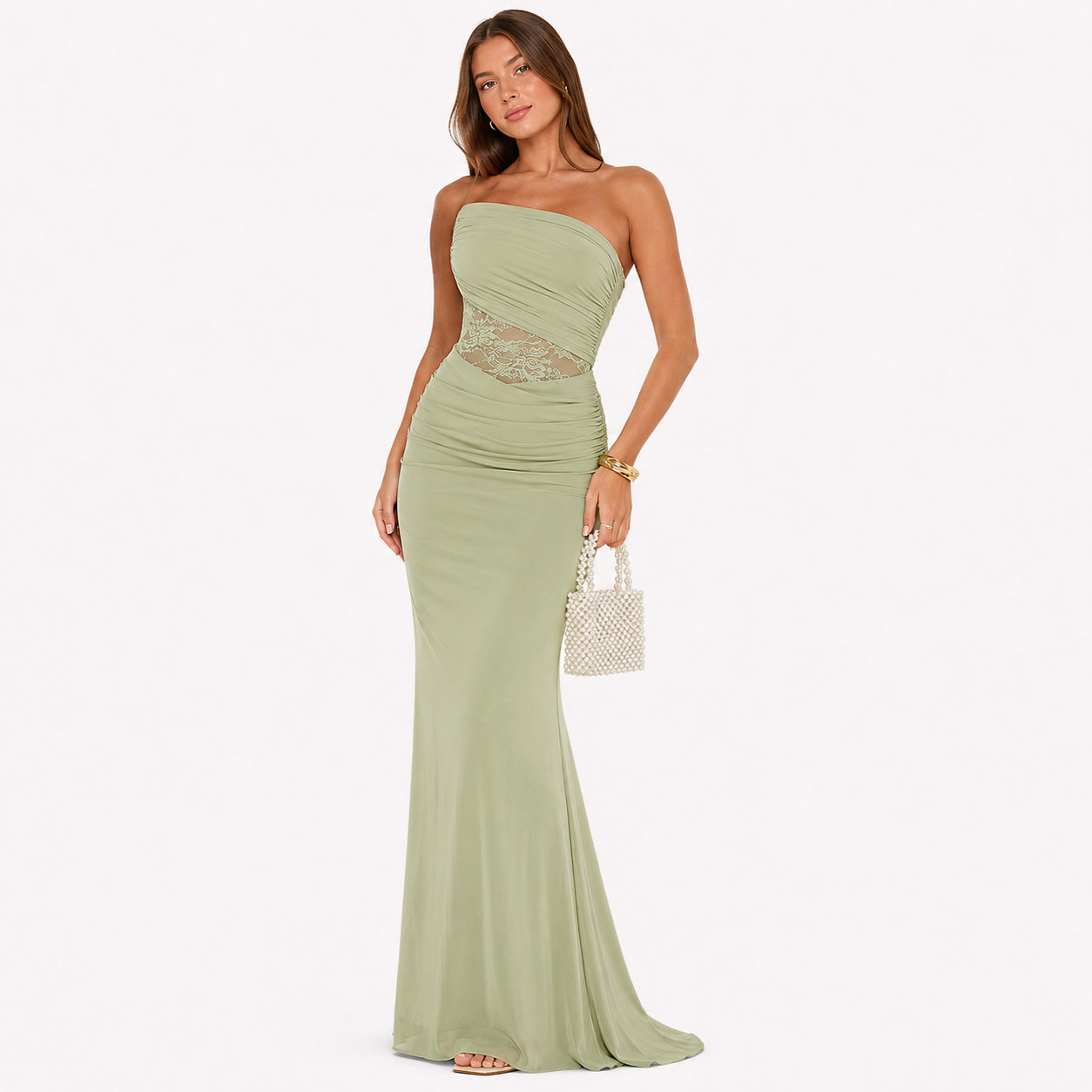 Damen Mesh Maxikleid Grün Asymmetrisch - Figurbetonte Passform Eleganter Sommer Look - Rosesamour
