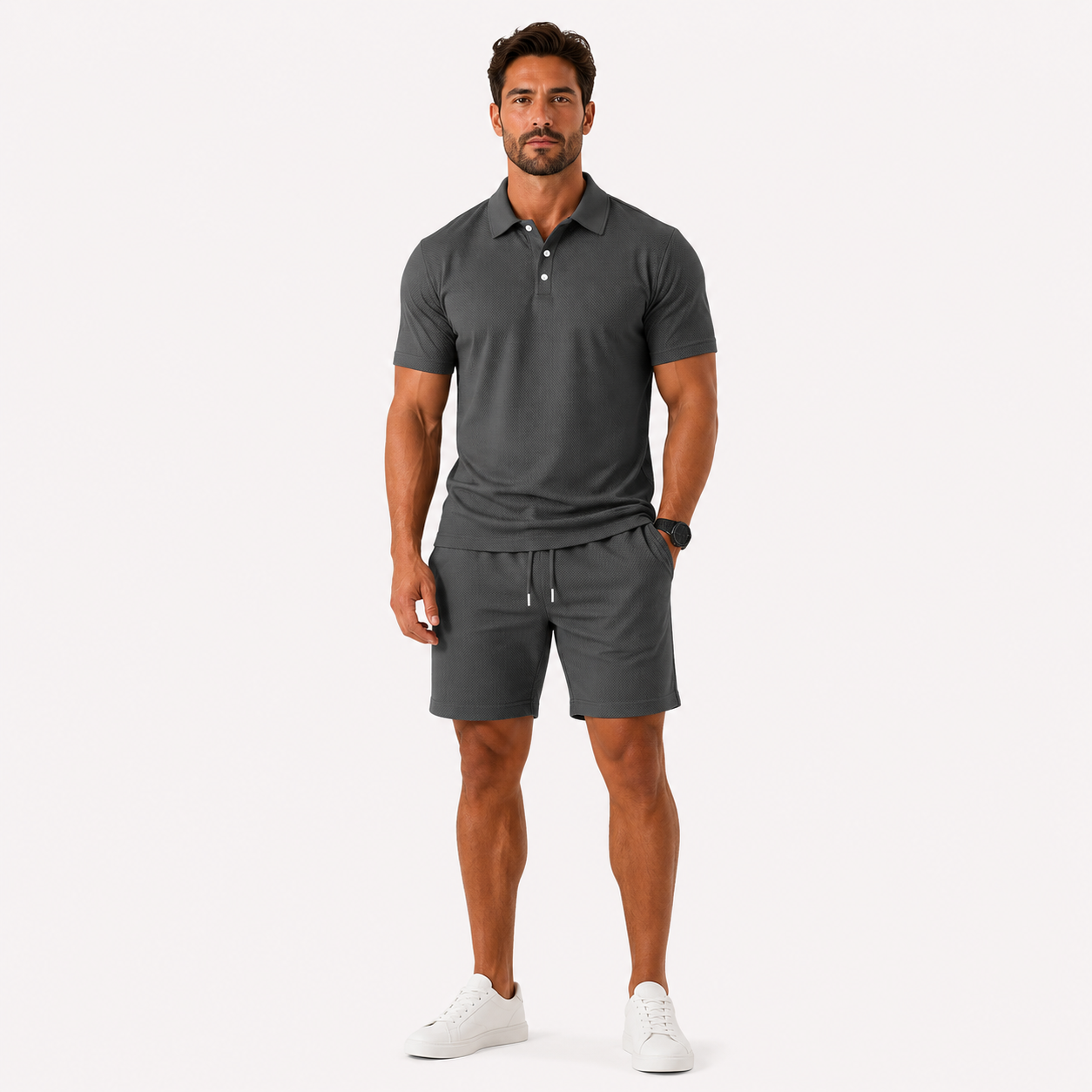 Herren Polo Shorts Set Dunkelgrau Struktur - Lockere Passform Sommer Freizeit Look - Rosesamour