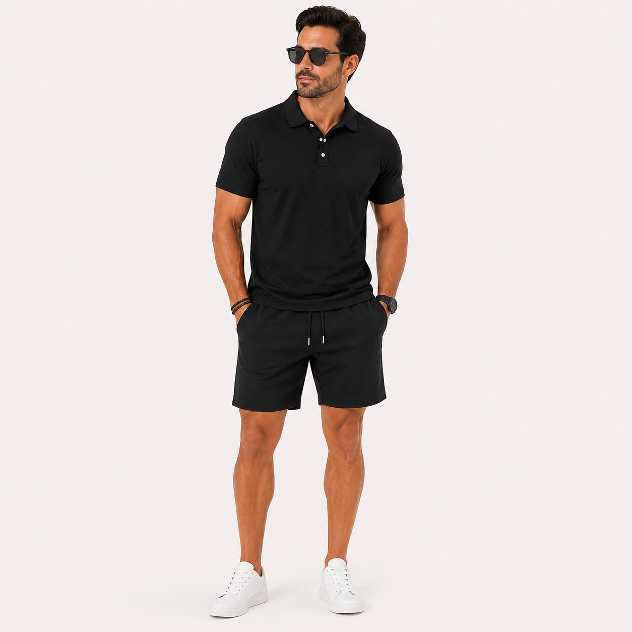 Herren Polo Shorts Set Schwarz Athletisch - Lockere Passform Sommer Freizeit Look - Rosesamour