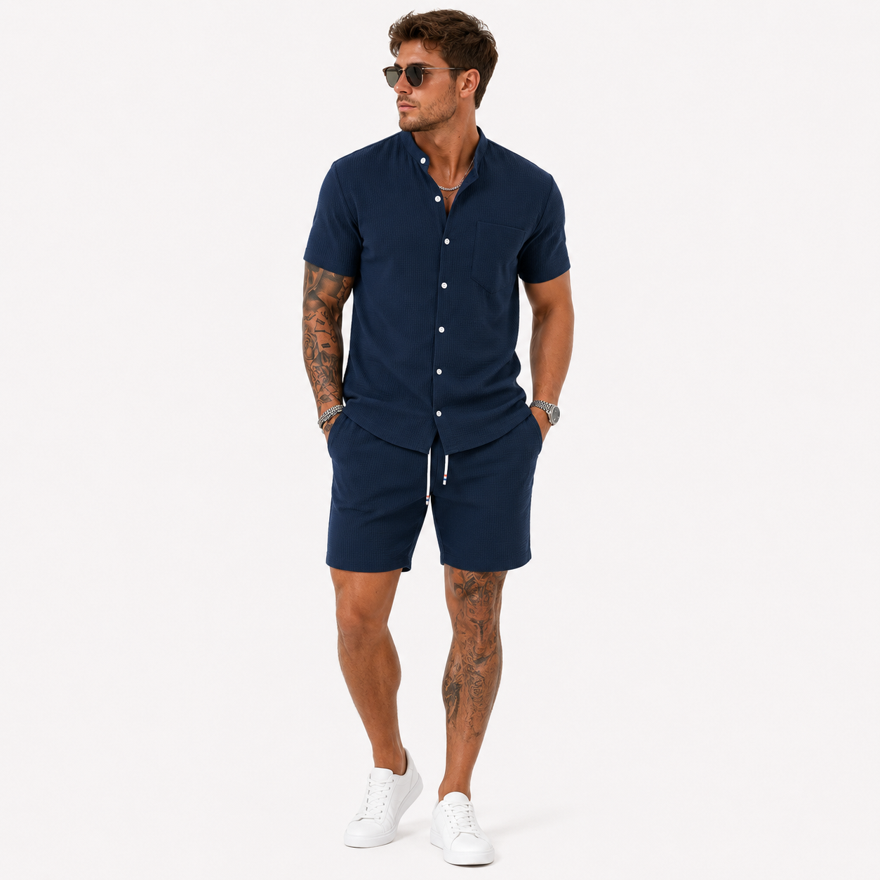 Herren Freizeit Set Marineblau Struktur - Lockere Passform Sommer Eleganz Look - Rosesamour