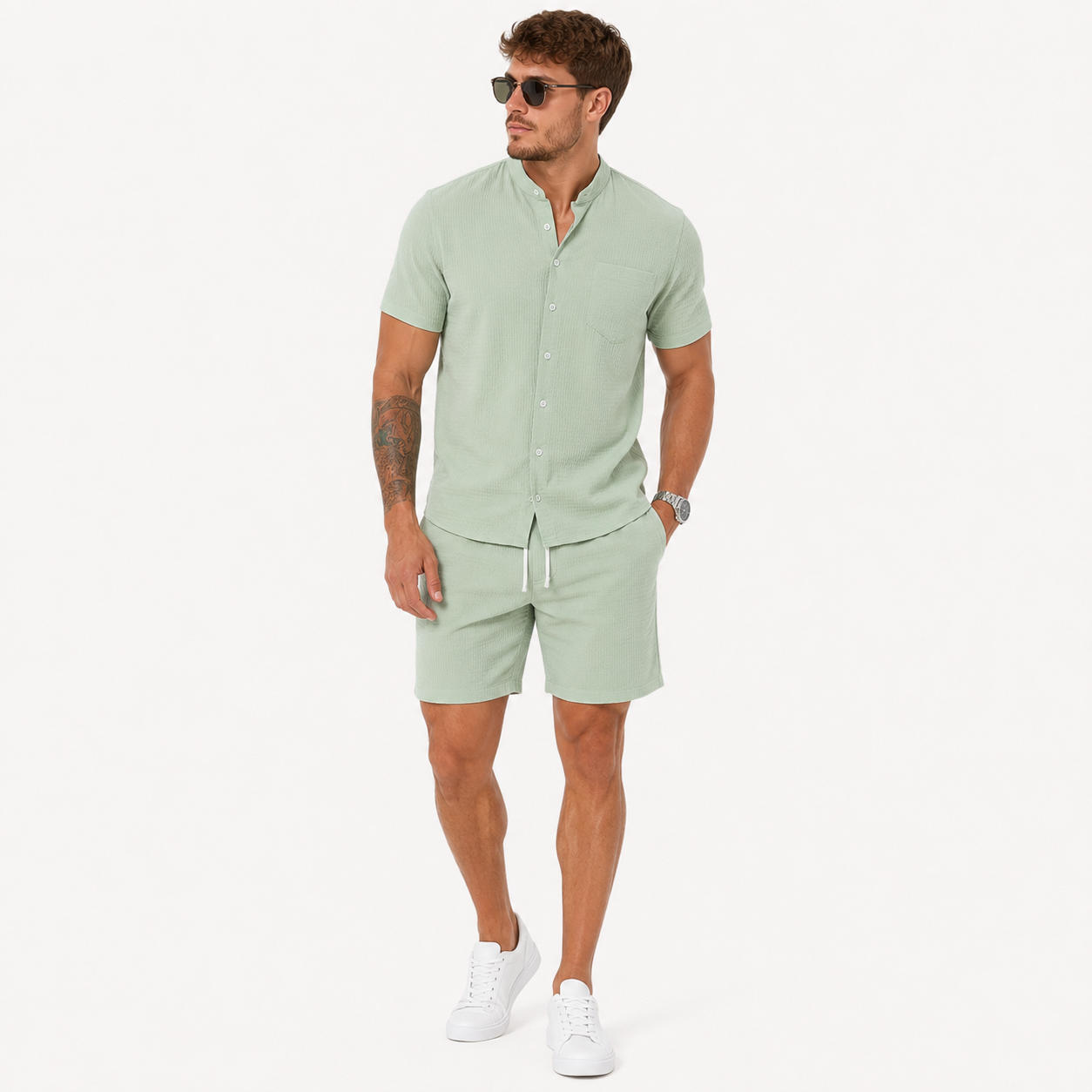 Herren Resort Hemd Shorts Set Mintgrün - Lockere Passform Sommer Freizeit Look - Rosesamour