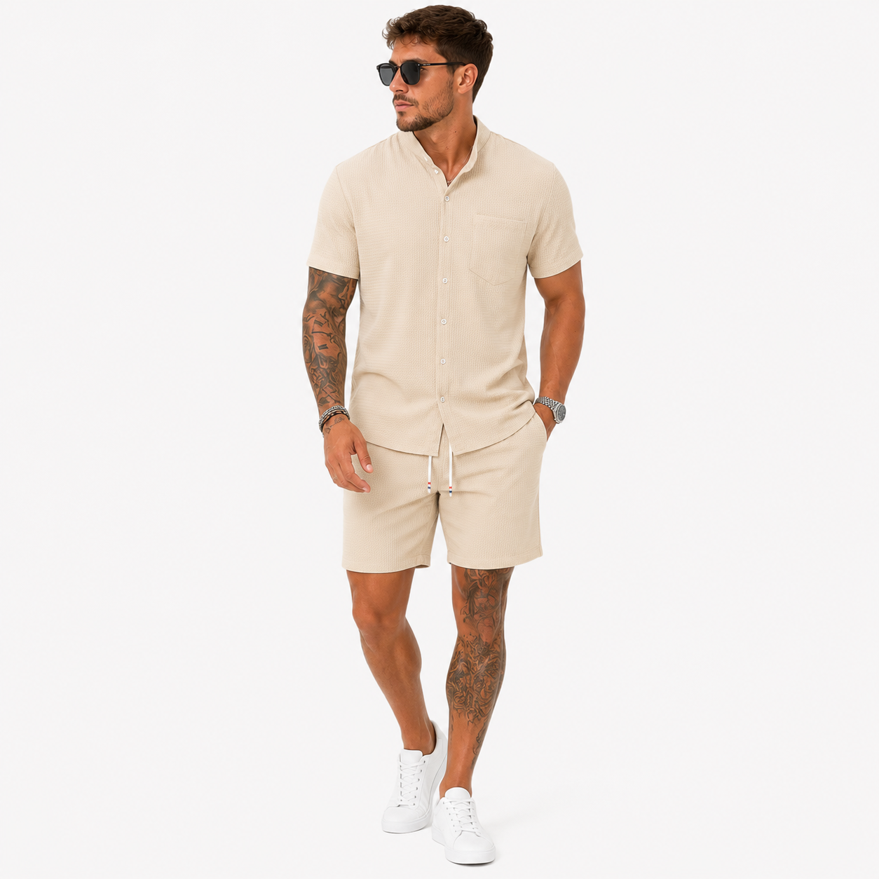 Herren Struktur Hemd Shorts Set Aprikose - Lockere Passform Sommer Freizeit Look - Rosesamour