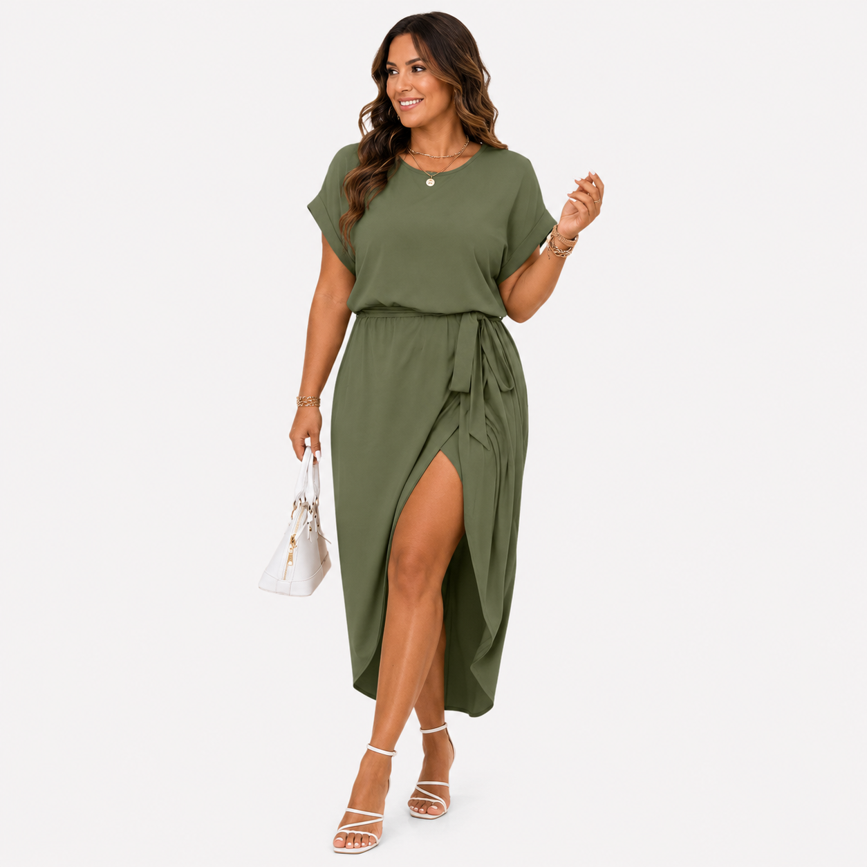 Damen Wickel Midikleid Grün Batwing - Fließende Passform Sommer Eleganz Look - Rosesamour
