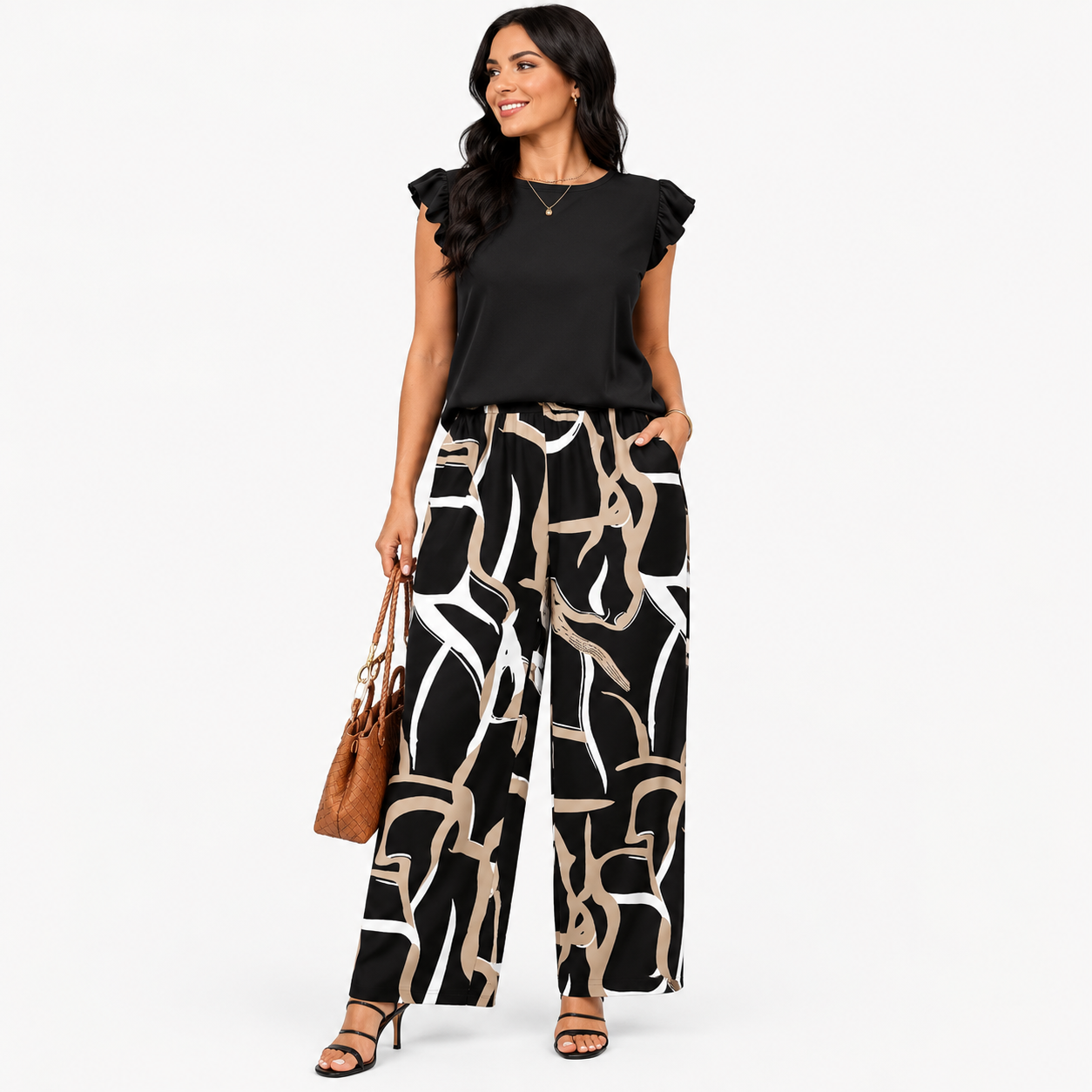 Damen Zweiteiler Set Schwarz Geometrisch - Lockere Passform Sommer Eleganz Look - Rosesamour